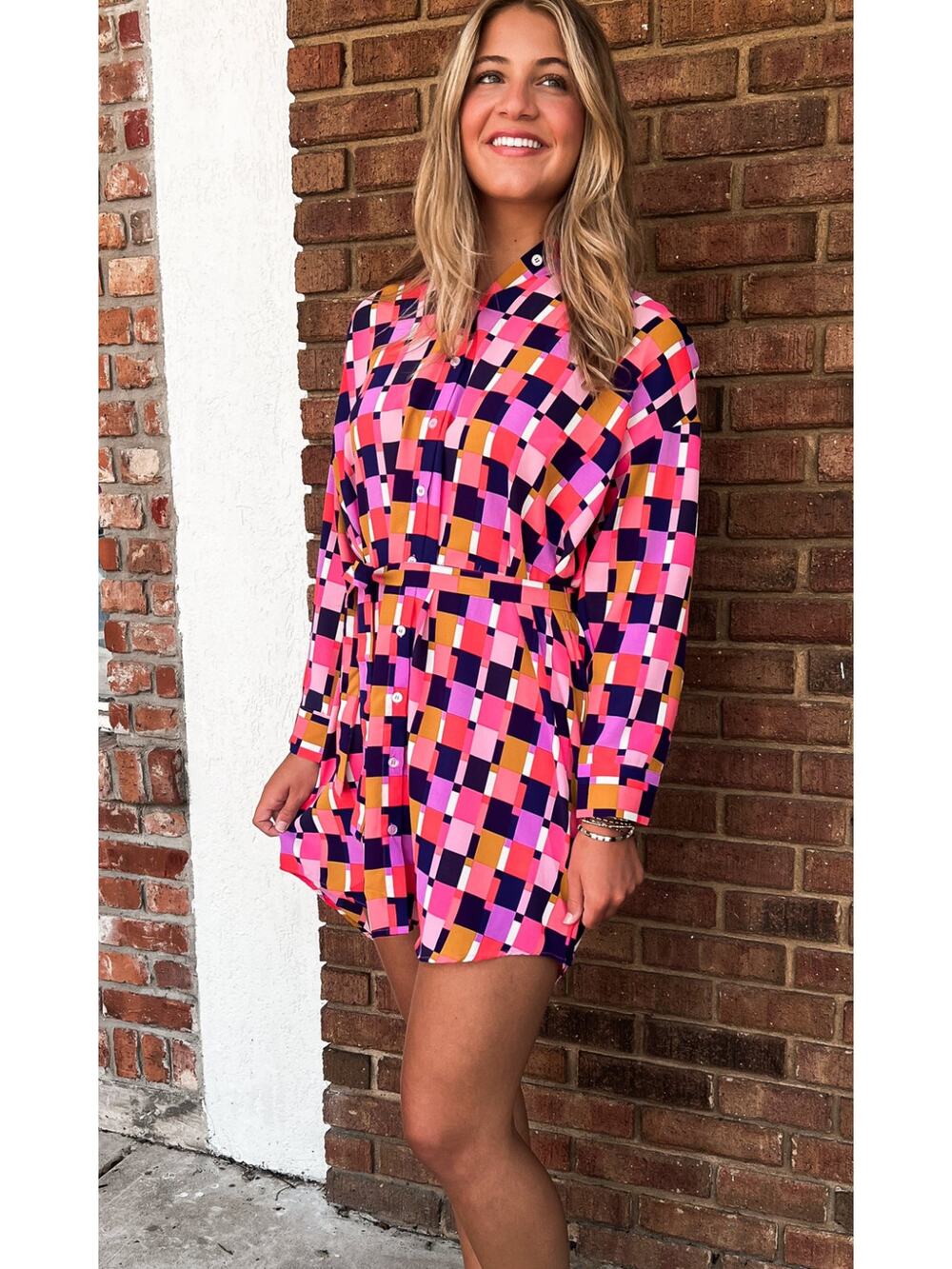 Michelle McDowell Womens XL Multi Retro Belted Button Up Boho Mini Dress